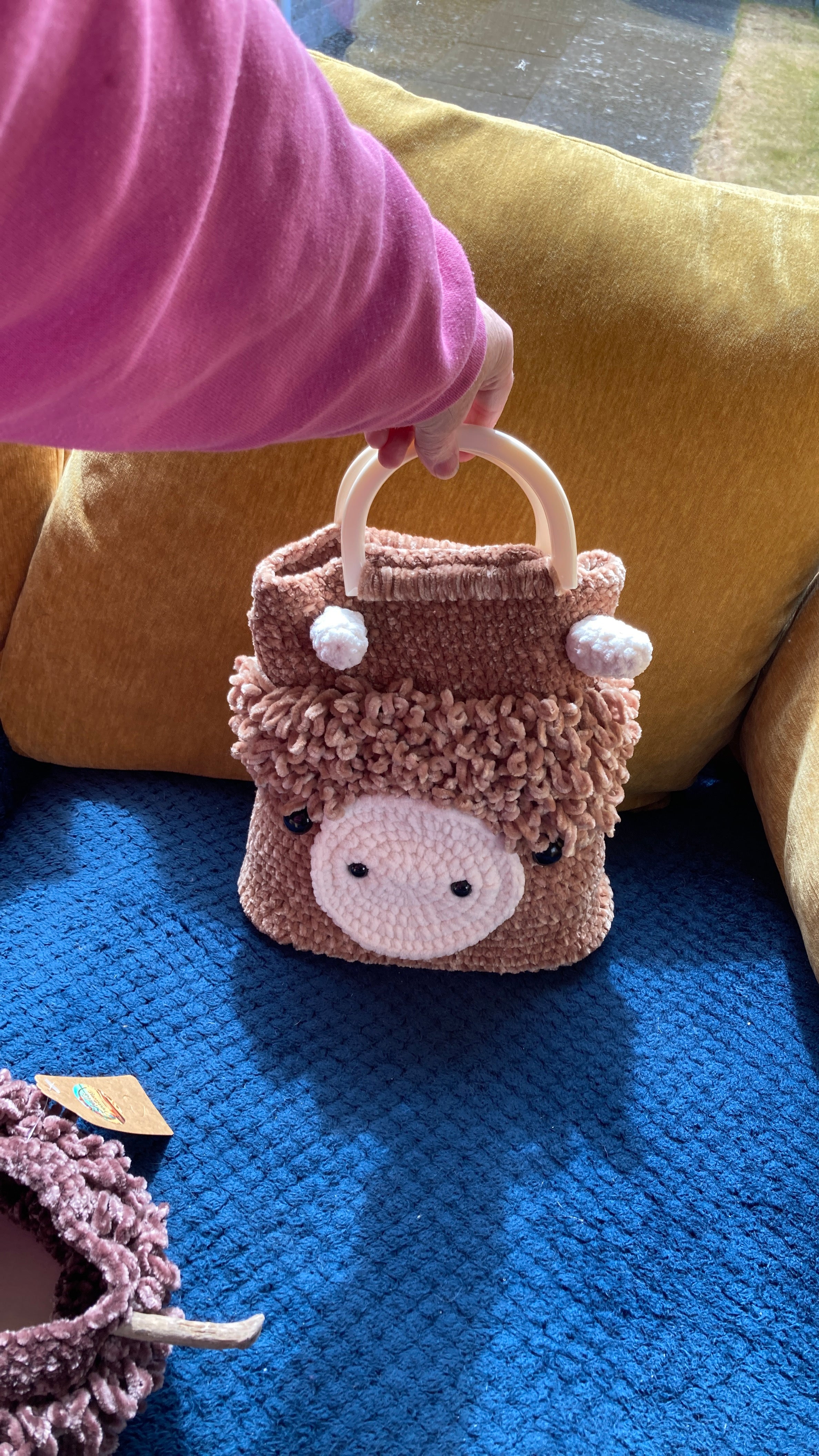 Handmade Crocheted Highland Coo Bag – Chenille Yarn & Studded Base