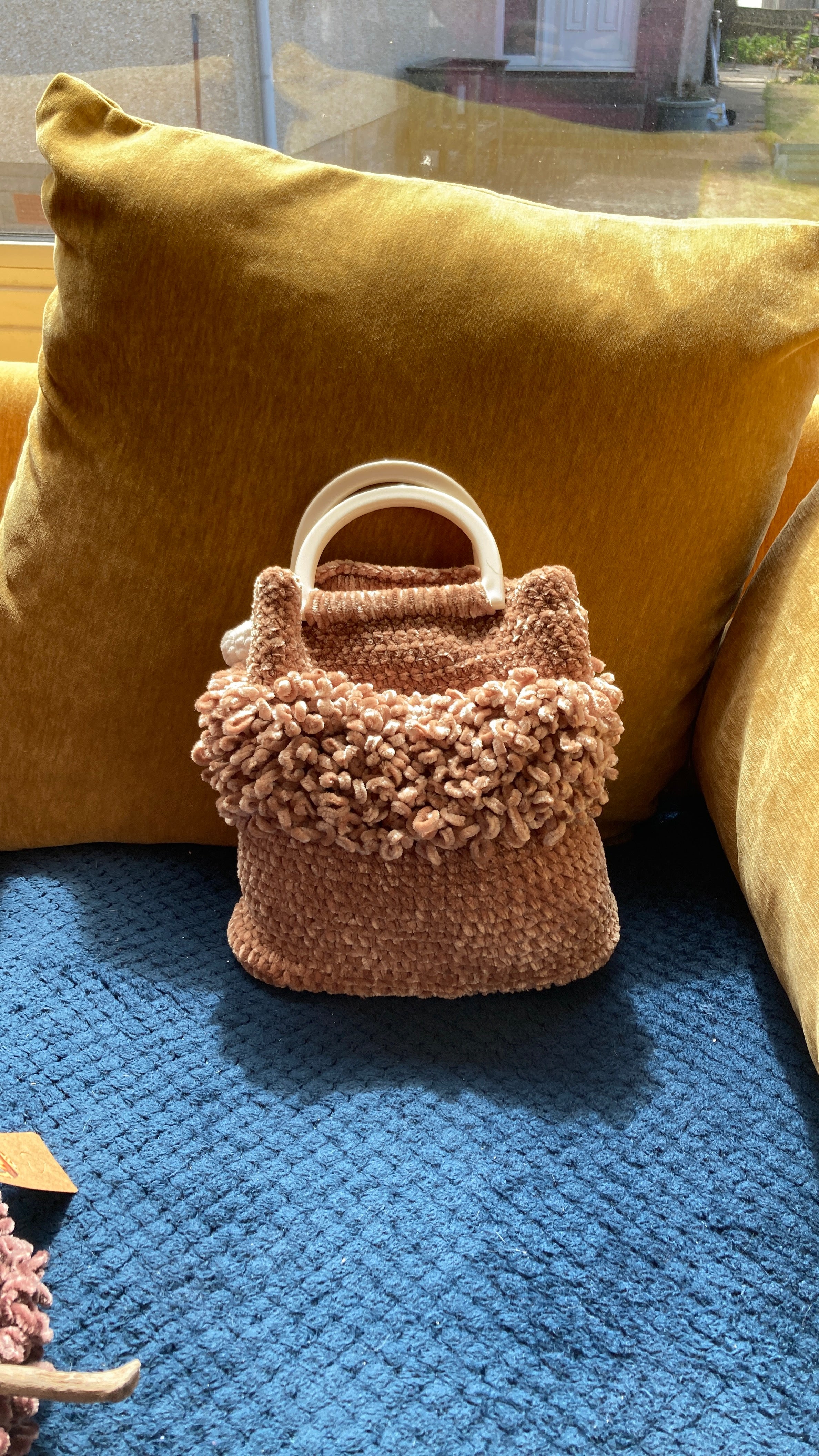 Handmade Crocheted Highland Coo Bag – Chenille Yarn & Studded Base