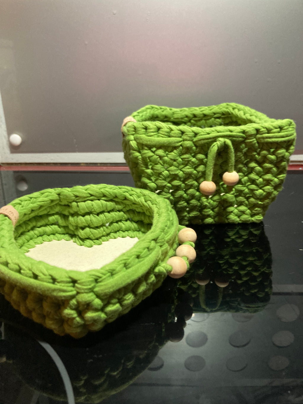 Handmade Crocheted Baskets – Set of 2 with Embellishments