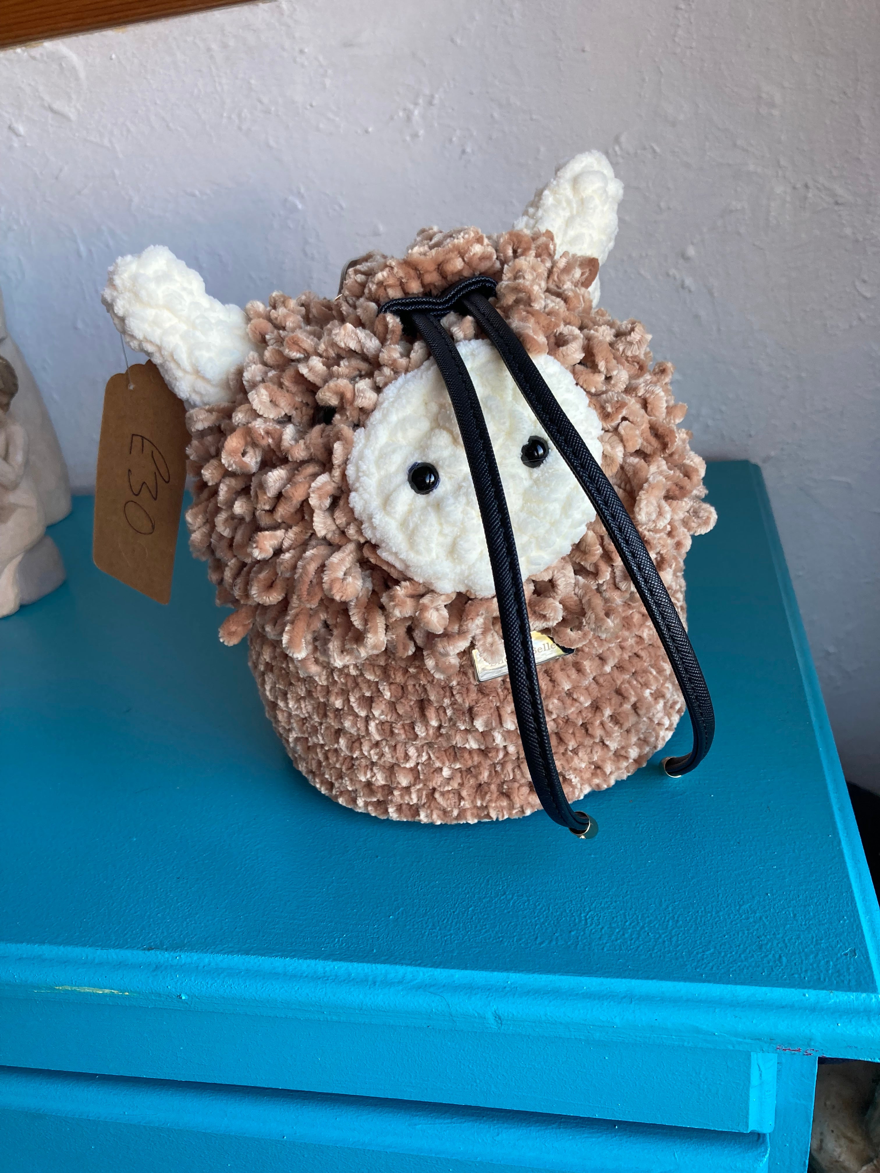 Handmade Crocheted Highland Coo Bucket Bag – Chenille Yarn & Faux Leather Base