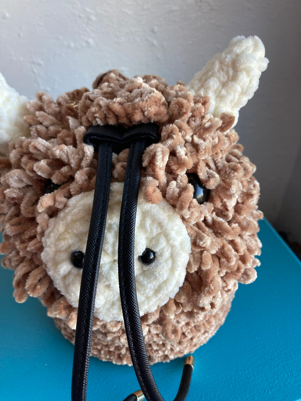 Handmade Crocheted Highland Coo Bucket Bag – Chenille Yarn & Faux Leather Base