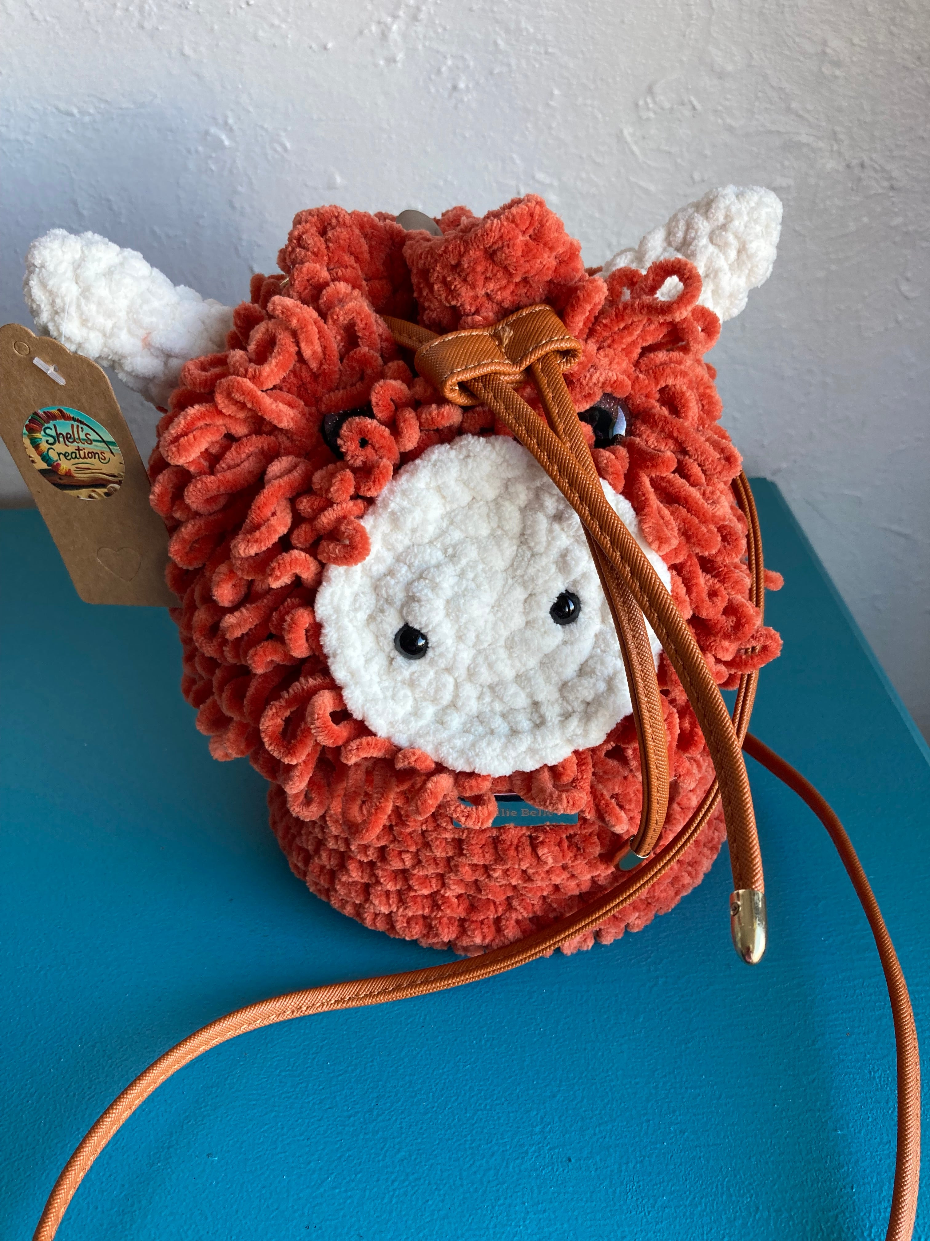 Handmade Highland Coo Crocheted Handbag – Drawstring Bucket Style