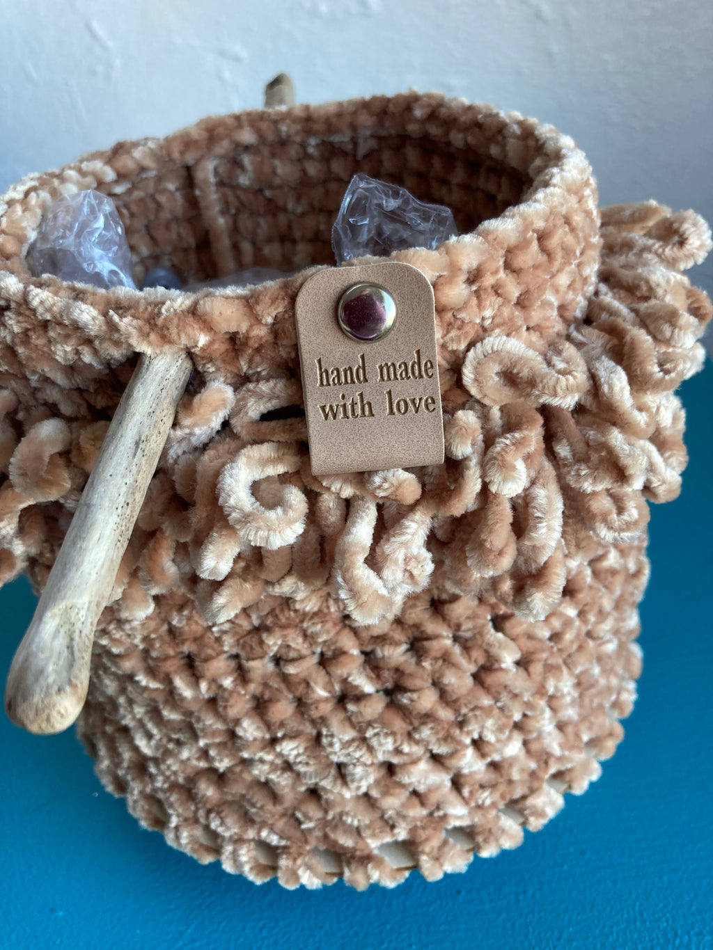 Handmade Crocheted Highland Coo Bucket Bag – Chenille Yarn & Faux Leather Base