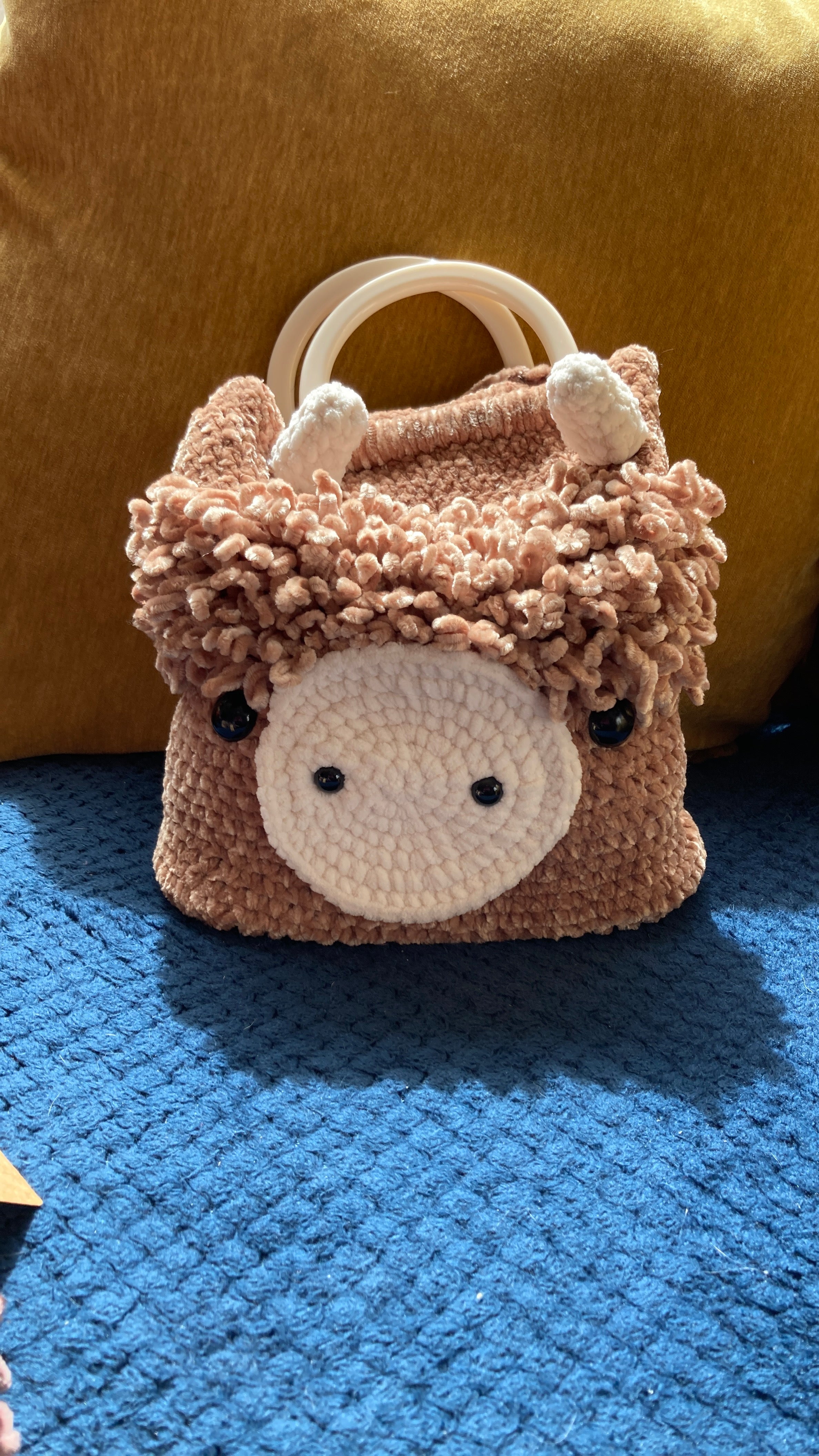 Handmade Crocheted Highland Coo Bag – Chenille Yarn & Studded Base