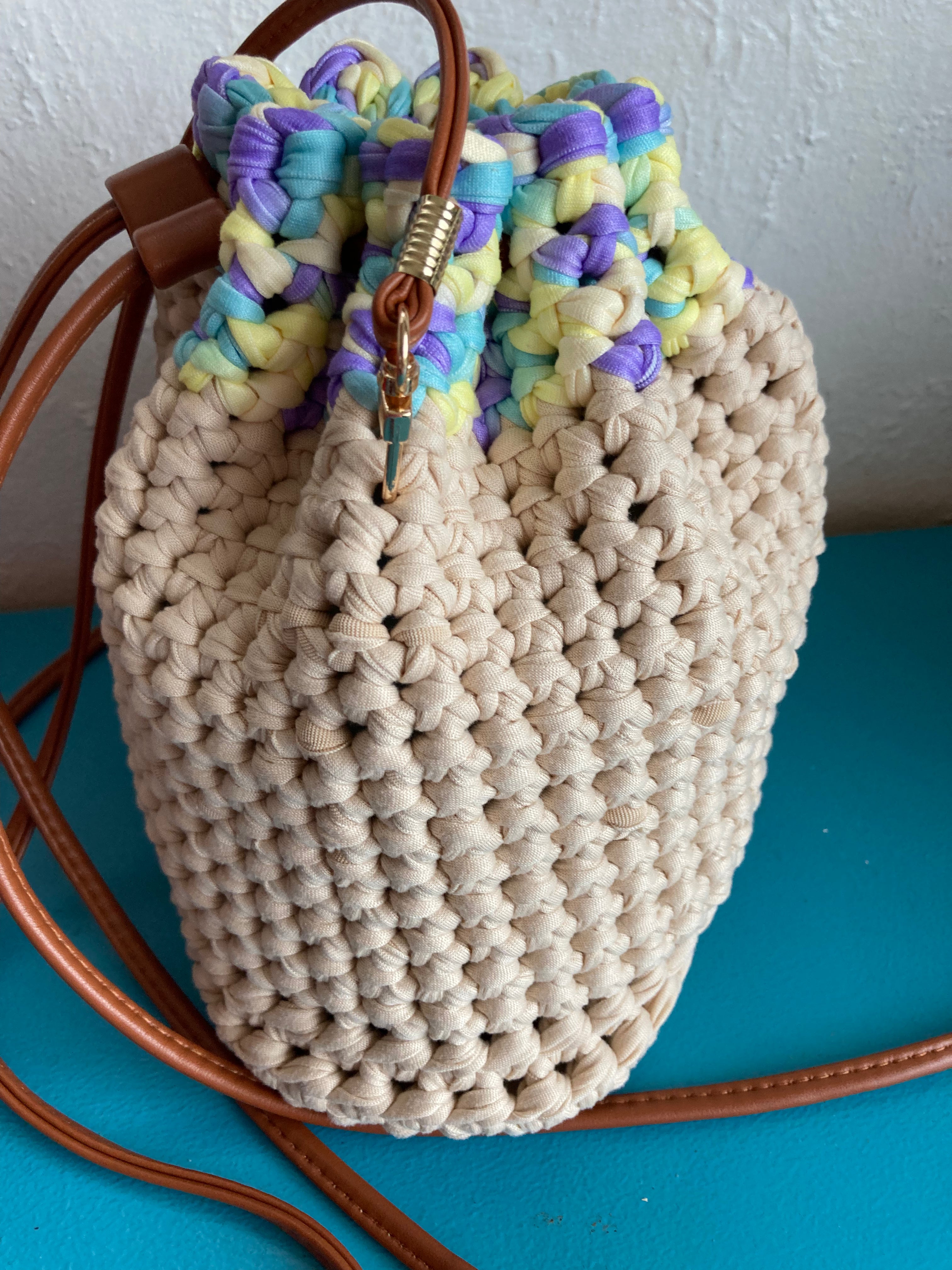 Handmade crocheted duffle style bag