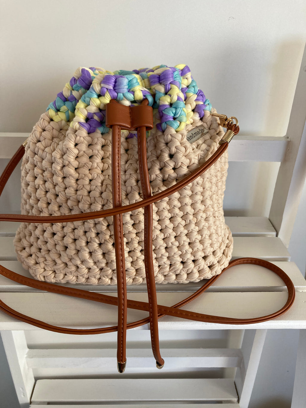 Handmade crocheted duffle style bag