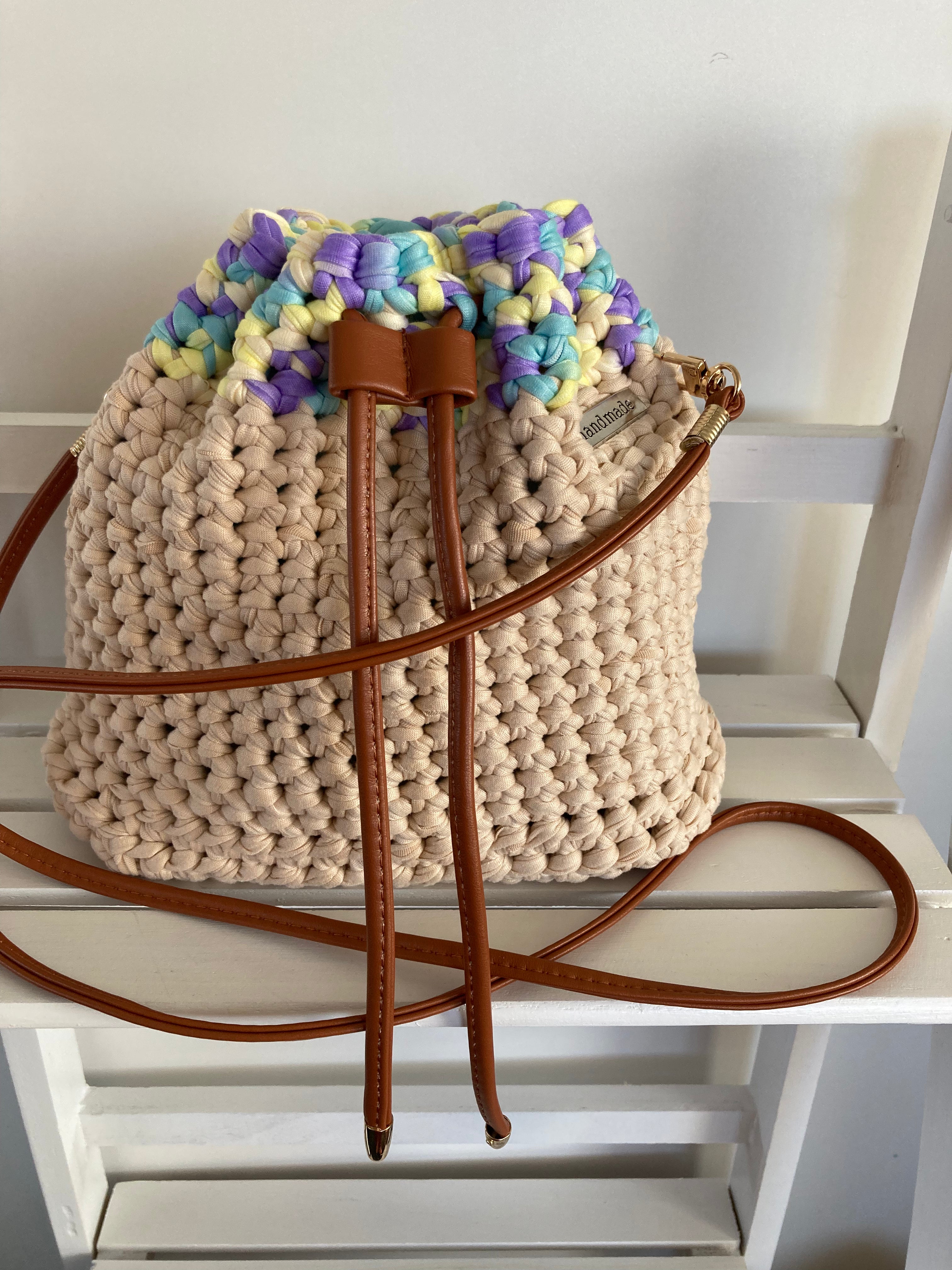 Handmade crocheted duffle style bag