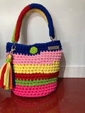 Multi coloured crocheted handbag
